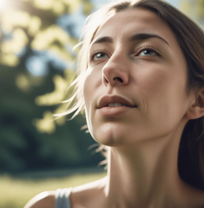 mujer respirando aire en naturaleza